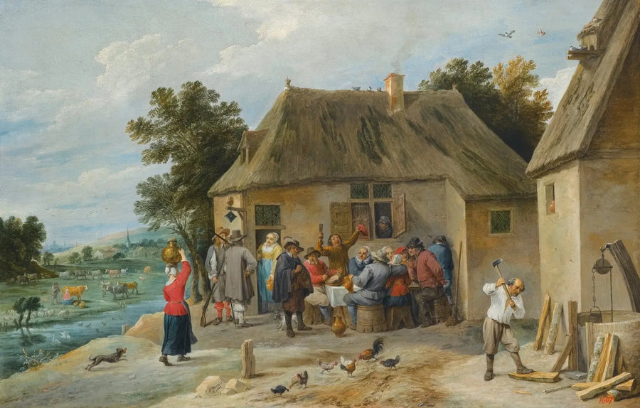 Uma pousada de campo, com o estalajadeiro cortando lenha - David Teniers, o Jovem