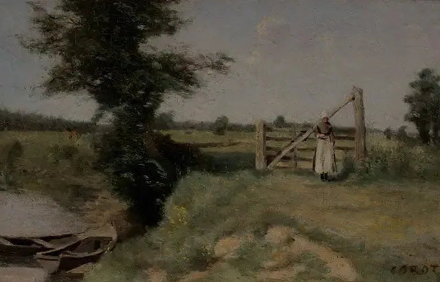 Uma cerca nos prados à beira de um canal. Região de Abbeville - Jean-Baptiste Camille Corot