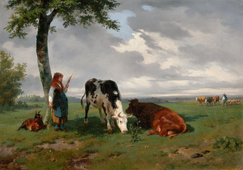 Uma poltrona com uma cabra e duas vacas em um prado - Rosa Bonheur