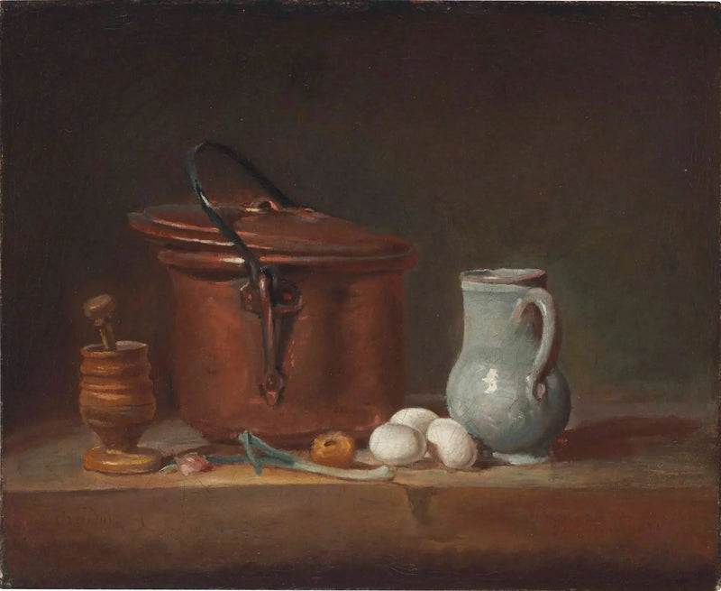 Uma panela de cobre, um pilão e um almofariz, uma jarra, uma ciboula, ovos e uma cebola em uma prateleira - Jean Simeón Chardin