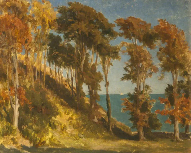 Uma colina arborizada com o mar ao fundo - Frederic Leighton