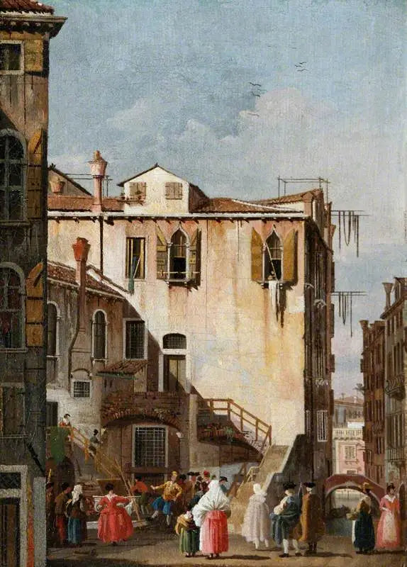 Um pátio em Veneza com um homem e uma mulher dançando - Canaletto