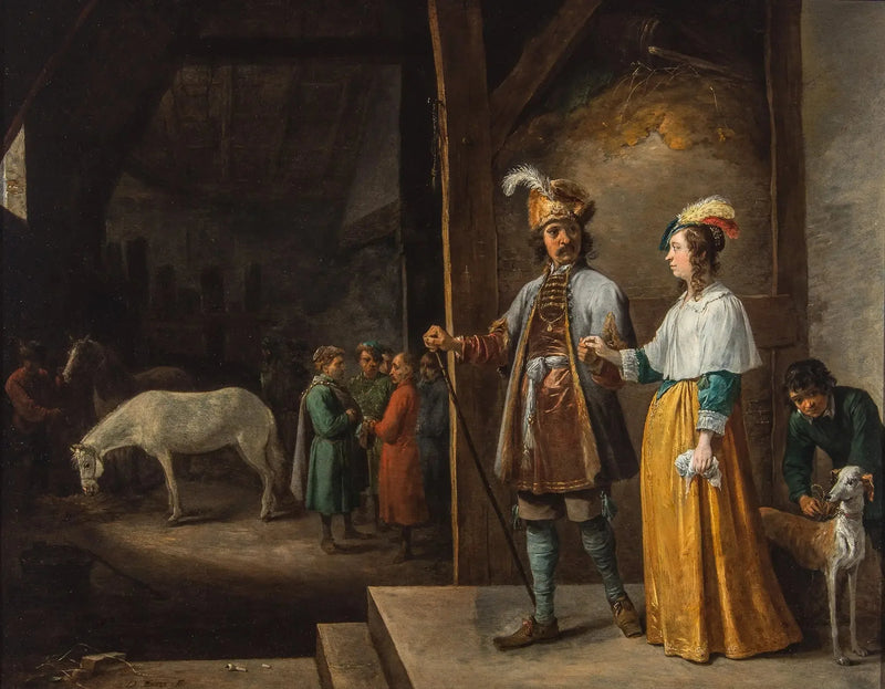 Uma dama e um cavalheiro entrando em uma cocheira - David Teniers, o Jovem