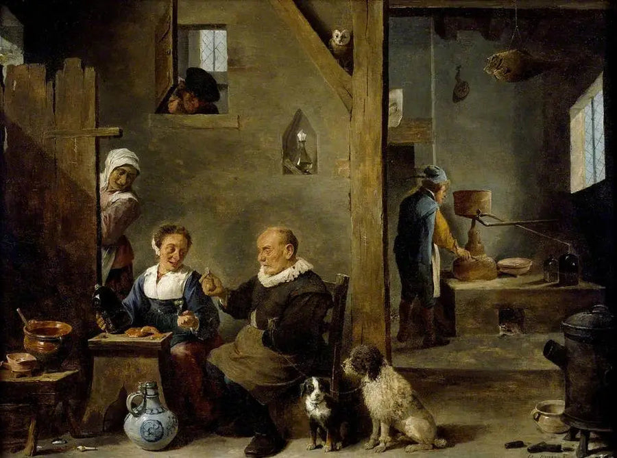 Uma destilaria com um homem idoso comprando gim de uma mulher - David Teniers, o Jovem