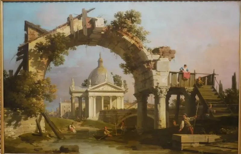 Uma igreja em forma de cúpula vista através de um arco em ruínas - Canaletto