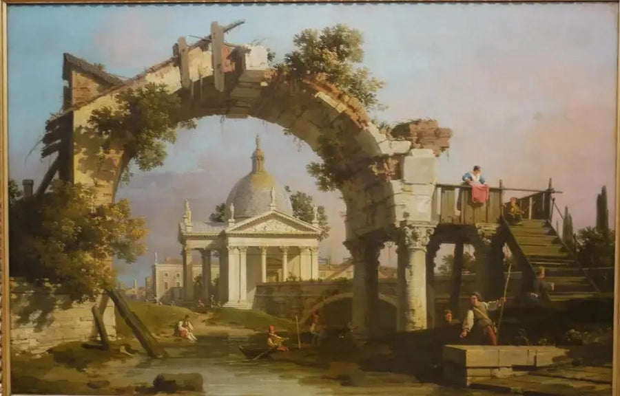 Uma igreja em forma de cúpula vista através de um arco em ruínas - Canaletto