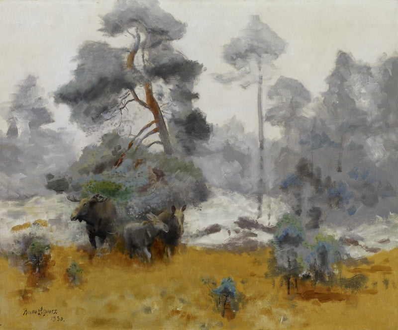 Une famille d'orignaux entre dans une clairière - Bruno Liljefors