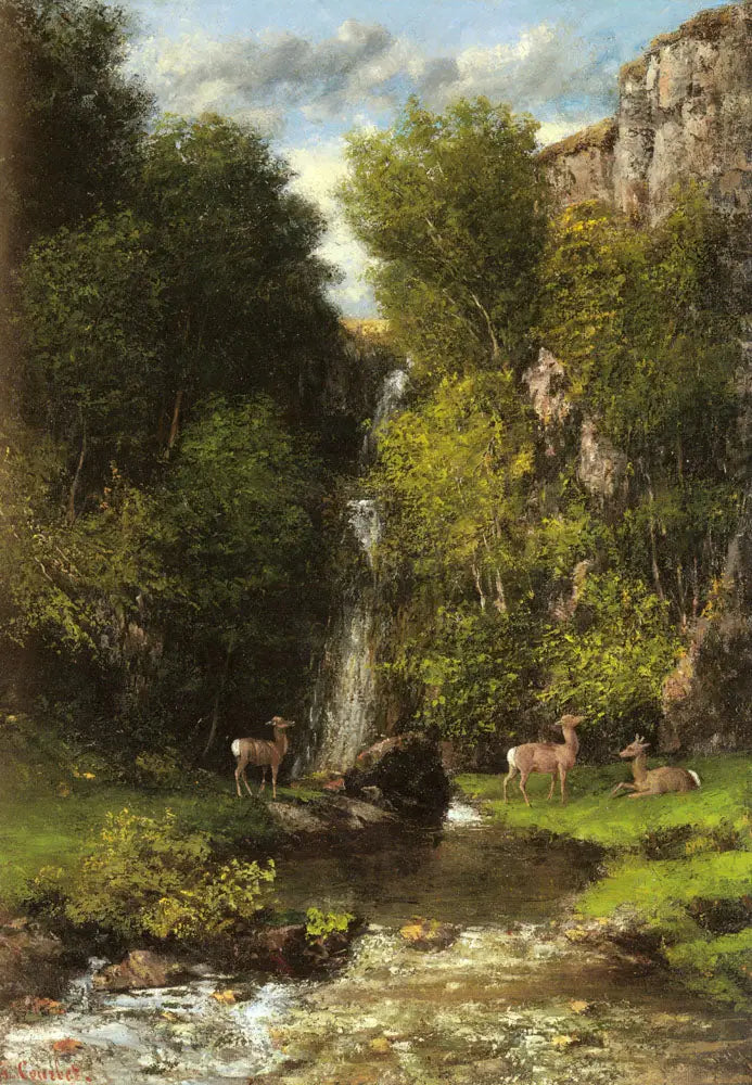 Uma família de cervos em uma paisagem com uma cachoeira - Gustave Courbet