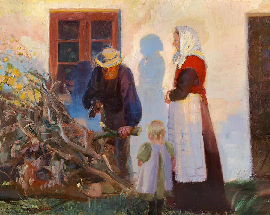 Uma família de Skagen cortando galhos na frente de uma casa. - Anna Ancher
