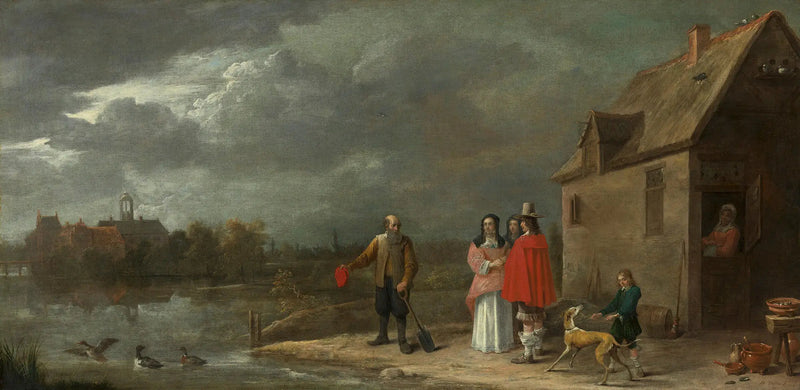 Uma família de pé em uma paisagem com uma casa cercada por fosso ao fundo - David Teniers, o Jovem