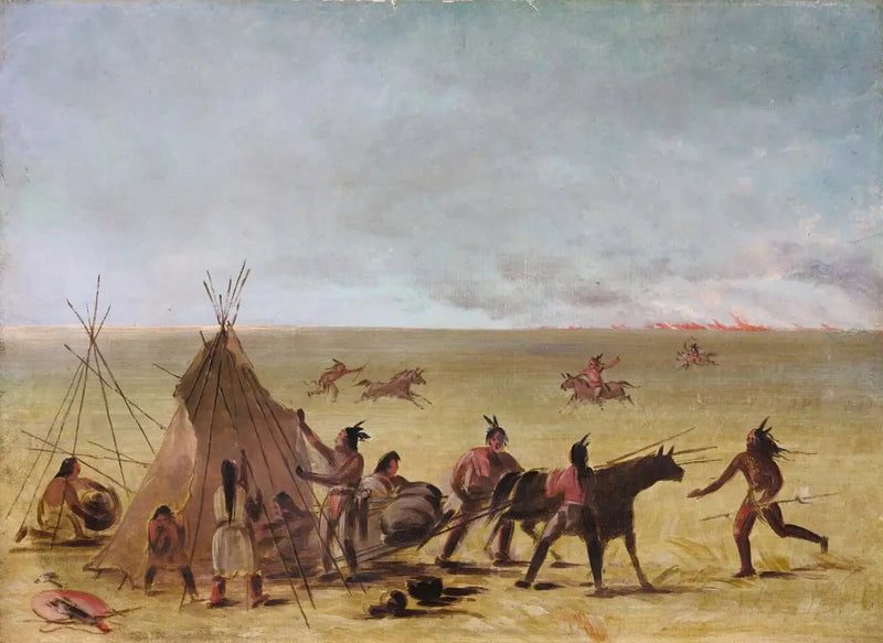 Uma família indiana alarmada com a aproximação de um incêndio nas pradarias - George Catlin