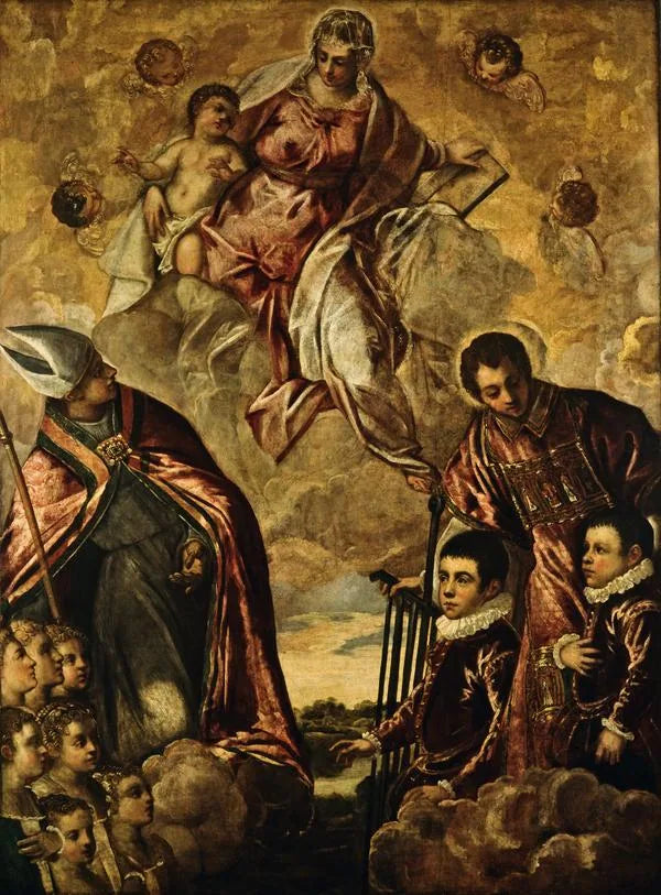 Uma família veneziana apresentada à Virgem por São Laurêncio e um bispo santo - Jacopo Tintoretto