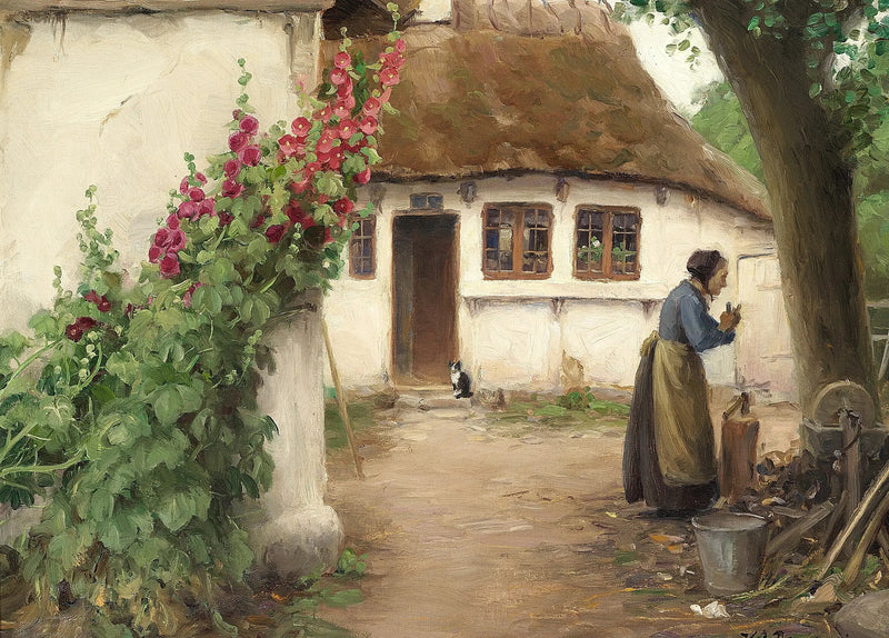 Uma mulher em uma fazenda com malmequeres vermelhos. - H. A. Brendekilde