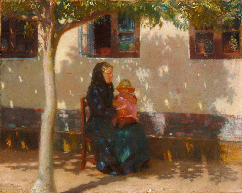 Uma mulher de Skagen sentada com o bebê Helga Ancher na frente de uma casa branca. - Anna Ancher
