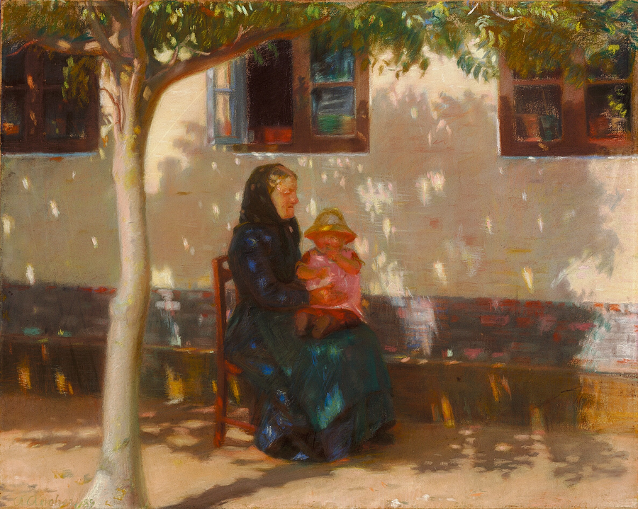 Uma mulher de Skagen sentada com o bebê Helga Ancher na frente de uma casa branca. - Anna Ancher