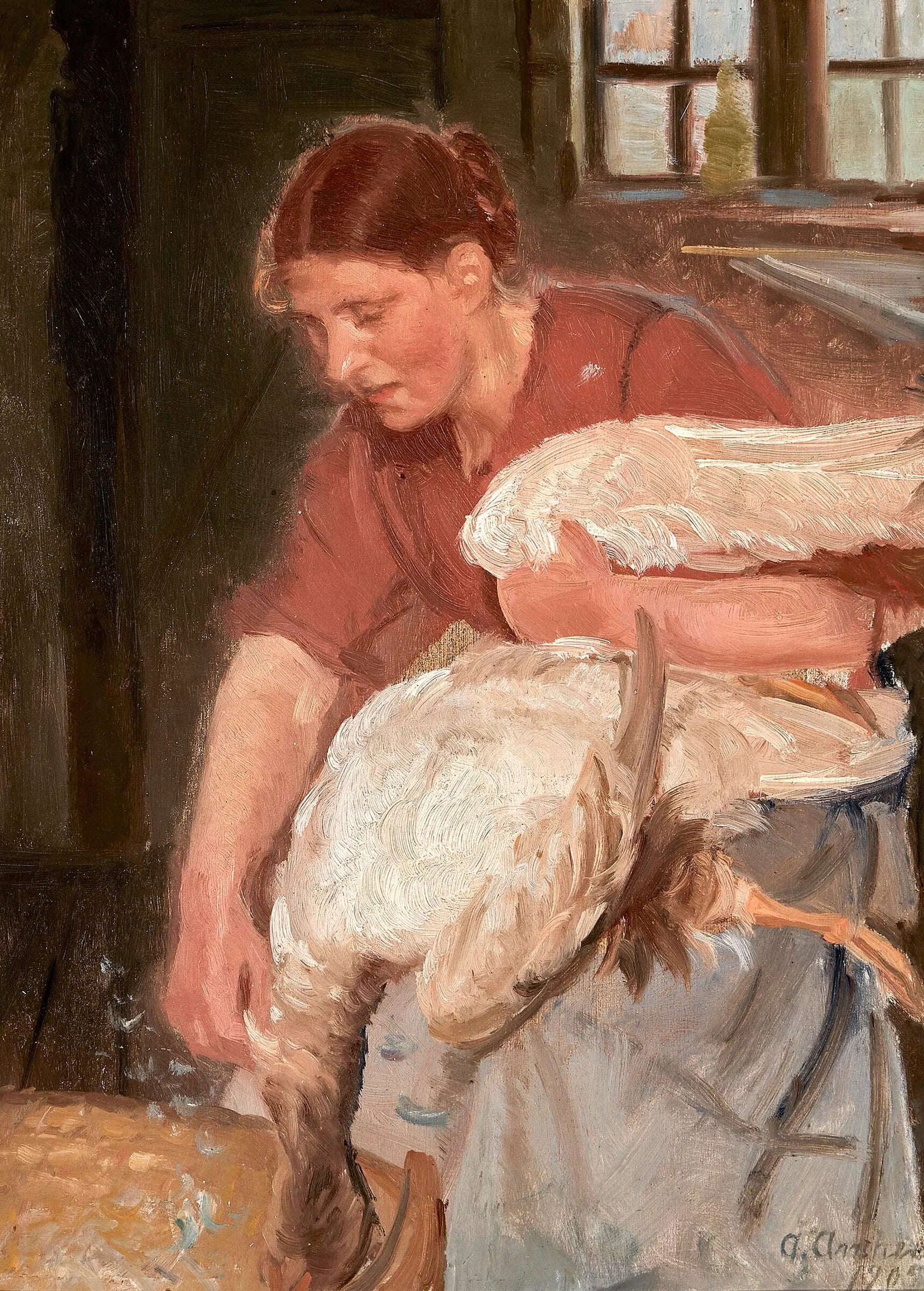 Une femme de Skagen plume une oie. - Anna Ancher image 1 copie de tableau peinte à la main