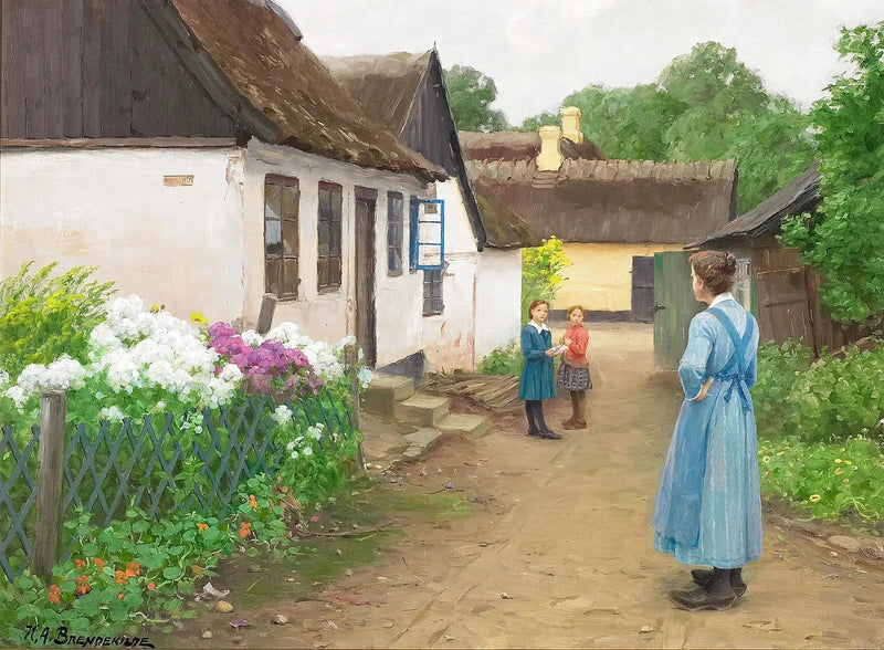 Uma mulher e algumas crianças em uma pequena rua de uma aldeia. - H. A. Brendekilde
