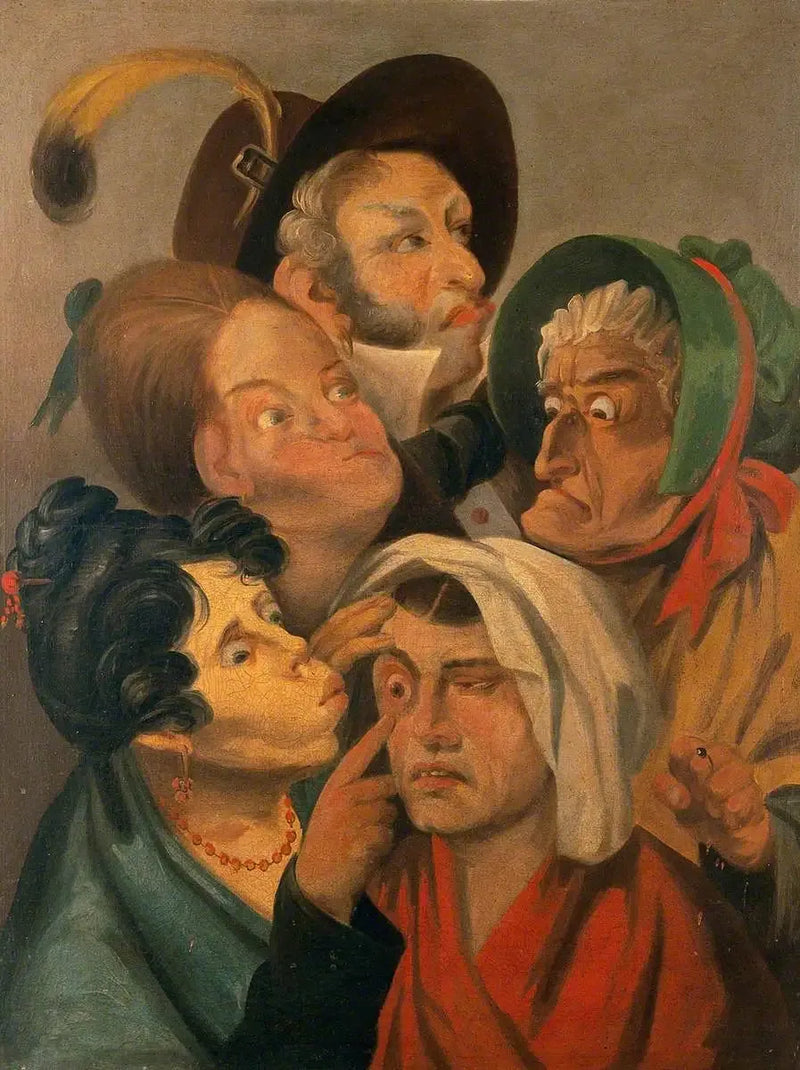 Uma mulher examina o olho dolorido de outra mulher, enquanto um homem e outras mulheres estão ao lado - Louis-Léopold Boilly