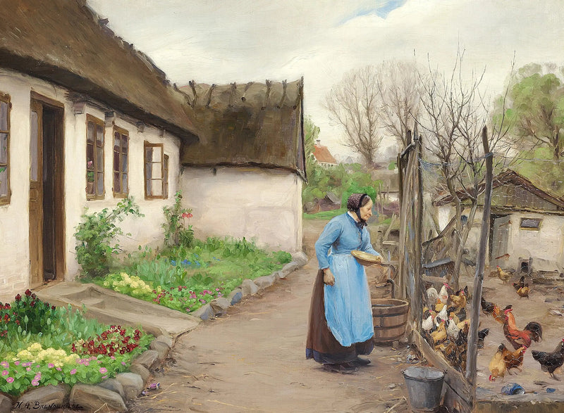 Uma mulher alimentando galinhas na frente de uma fazenda branca e calcária em um dia de outono. - H. A. Brendekilde