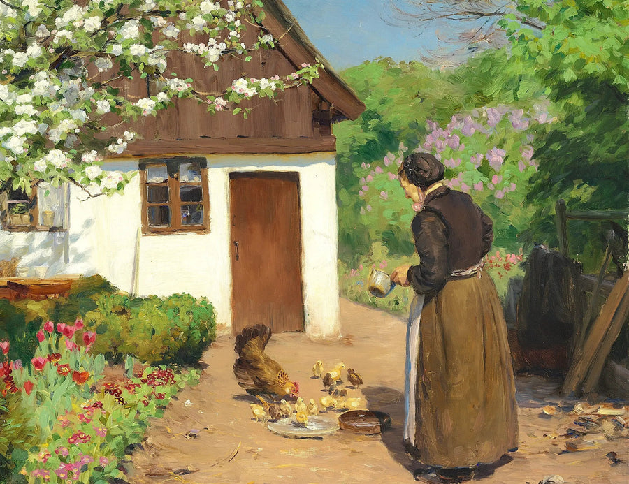 Uma mulher alimenta galinhas na frente de uma fazenda branca e calcária em um dia de verão. - H. A. Brendekilde