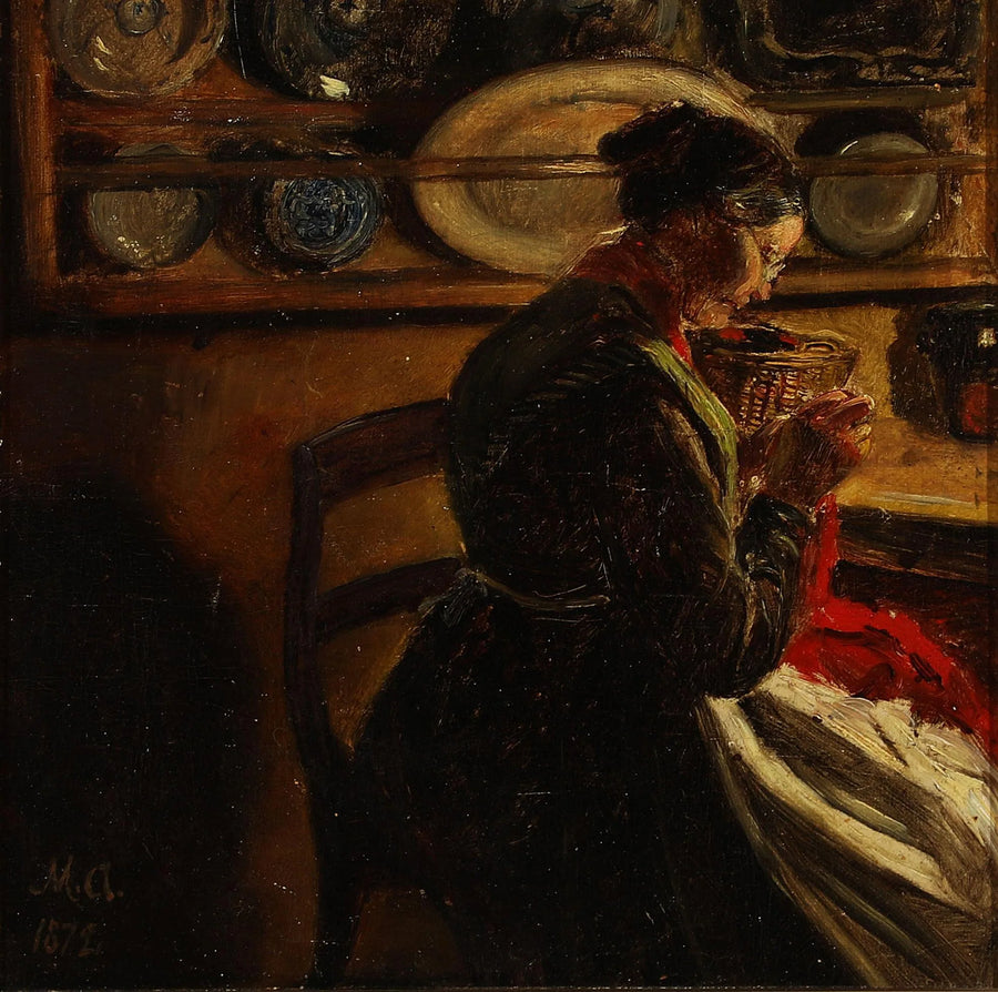Uma mulher que tricota na cozinha. - Michael Peter Ancher