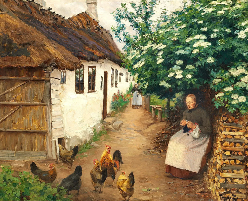 Uma mulher tricota perto de uma velha casa. - H. A. Brendekilde