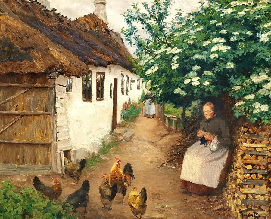 Uma mulher tricota perto de uma velha casa. - H. A. Brendekilde