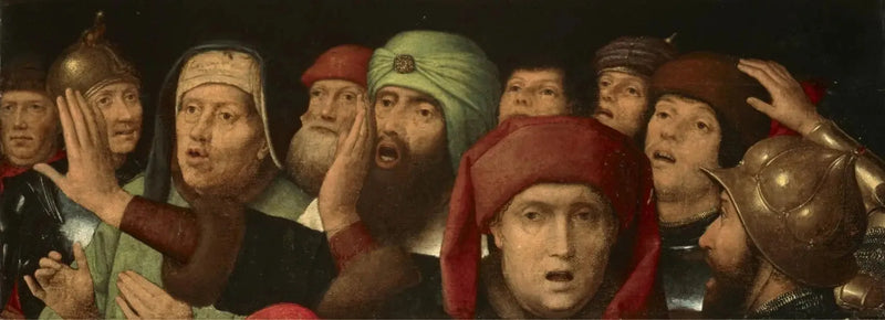 Uma multidão zombadora: fragmento de uma zombaria de Cristo - Hans Memling