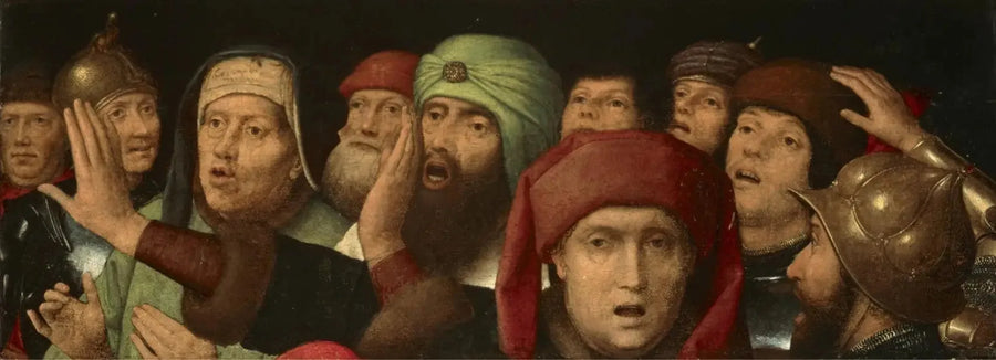 Uma multidão zombadora: fragmento de uma zombaria de Cristo - Hans Memling