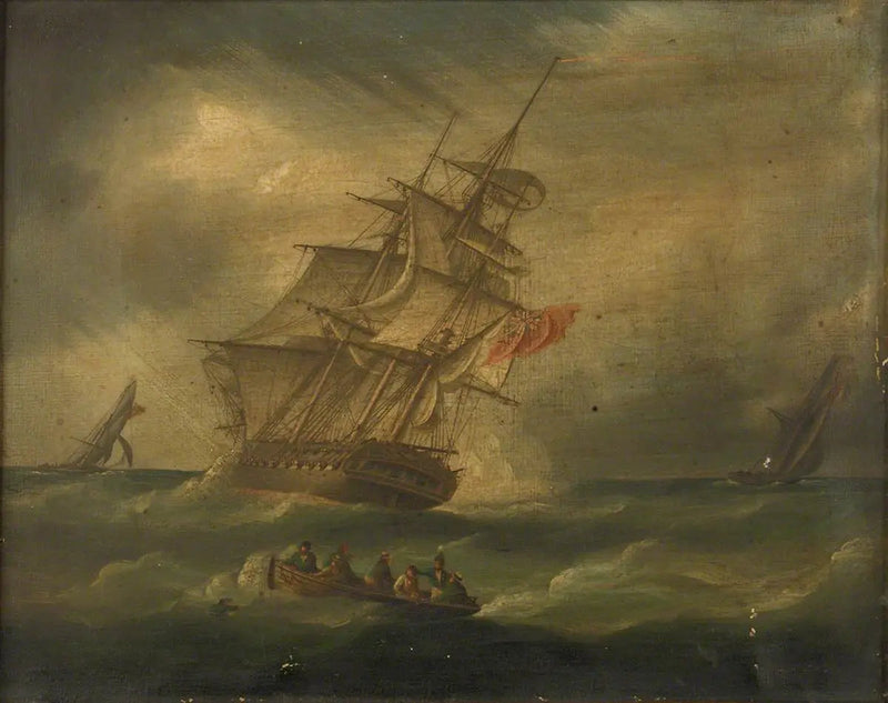 Uma fragata e um iate de vela perseguindo um iate francês, com um barco resgatando um homem no mar - James E. Buttersworth