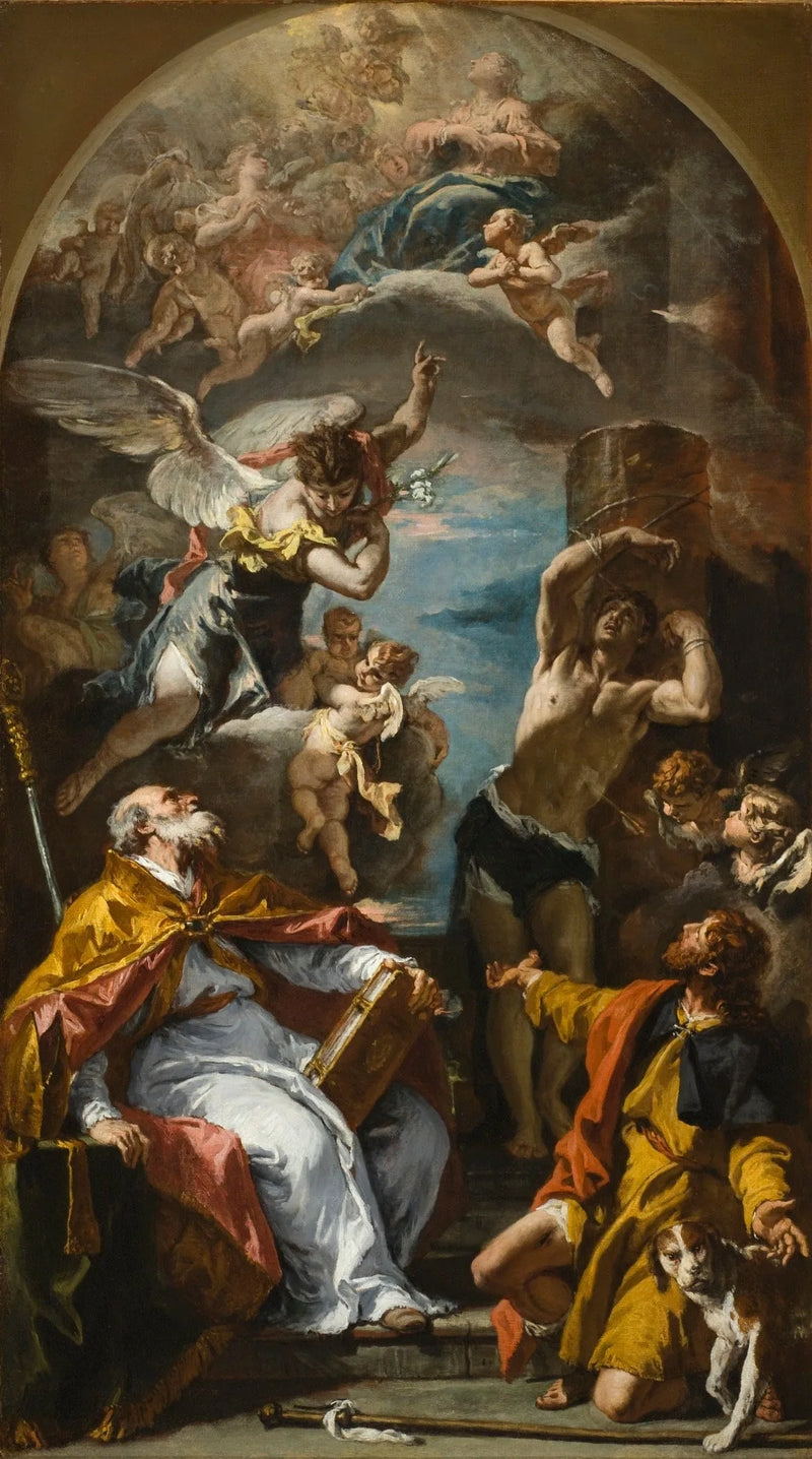 Uma Glória da Virgem com o Arcanjo Gabriel e os Santos Eusébio, Roch e Sebastião - Sebastiano Ricci