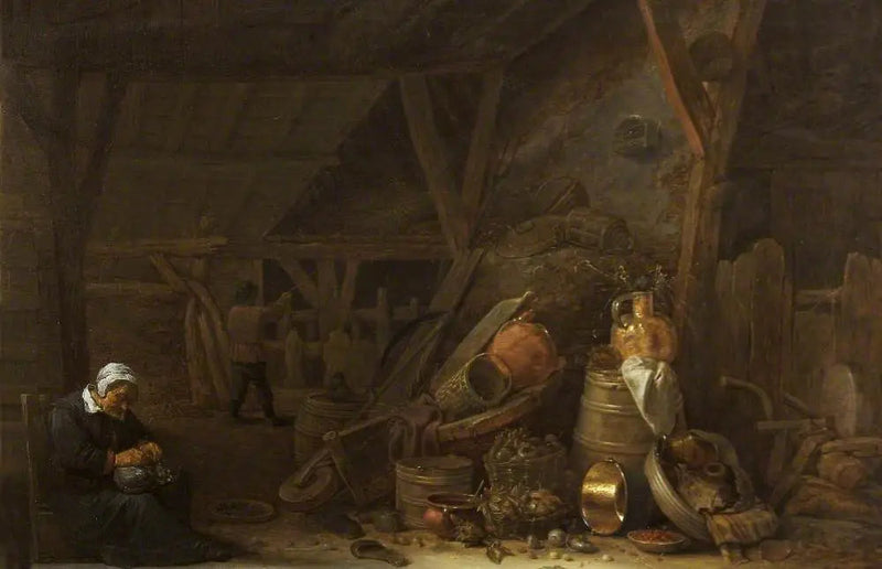 Um celeiro com uma natureza-morta de utensílios de cozinha e um cozinheiro adormecido - David Teniers o Jovem