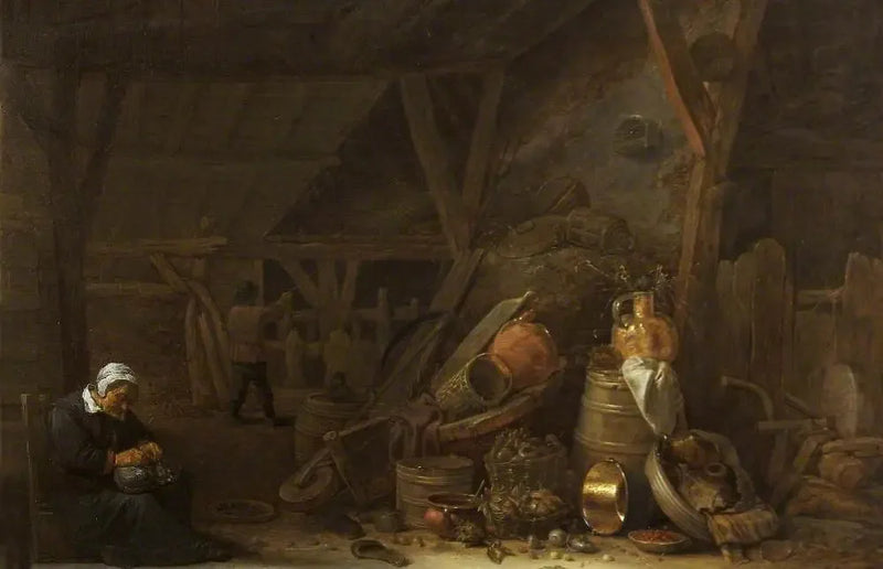 Um celeiro com uma natureza-morta de utensílios de cozinha e um cozinheiro adormecido - David Teniers o Jovem