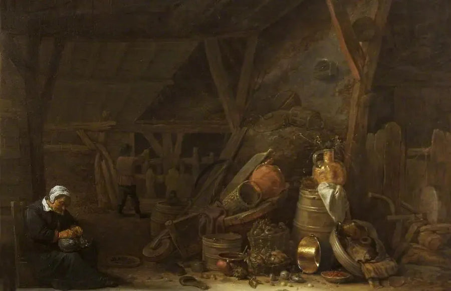 Um celeiro com uma natureza-morta de utensílios de cozinha e um cozinheiro adormecido - David Teniers o Jovem