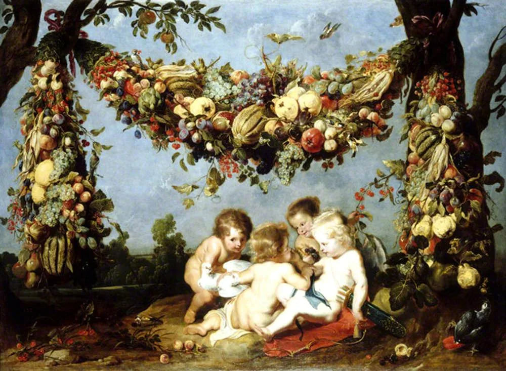 Une guirlande de fruits et légumes au-dessus de quatre putti dans un paysage - Frans Snyders image 1 copie peinte à la main à l’huile