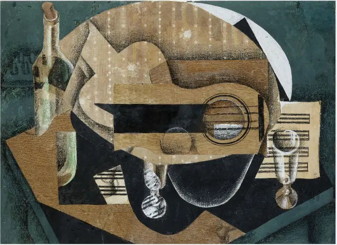Um violão, copos e uma garrafa - Juan Gris