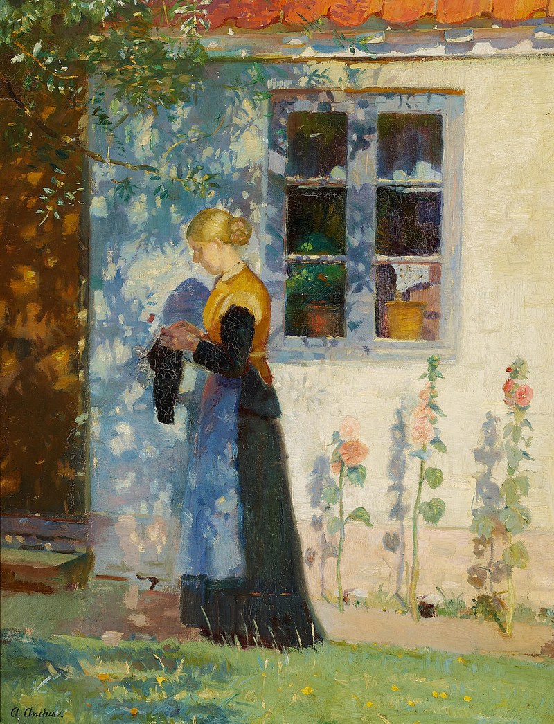 Uma jovem mulher de pé em frente a uma casa em Skagen. - Anna Ancher