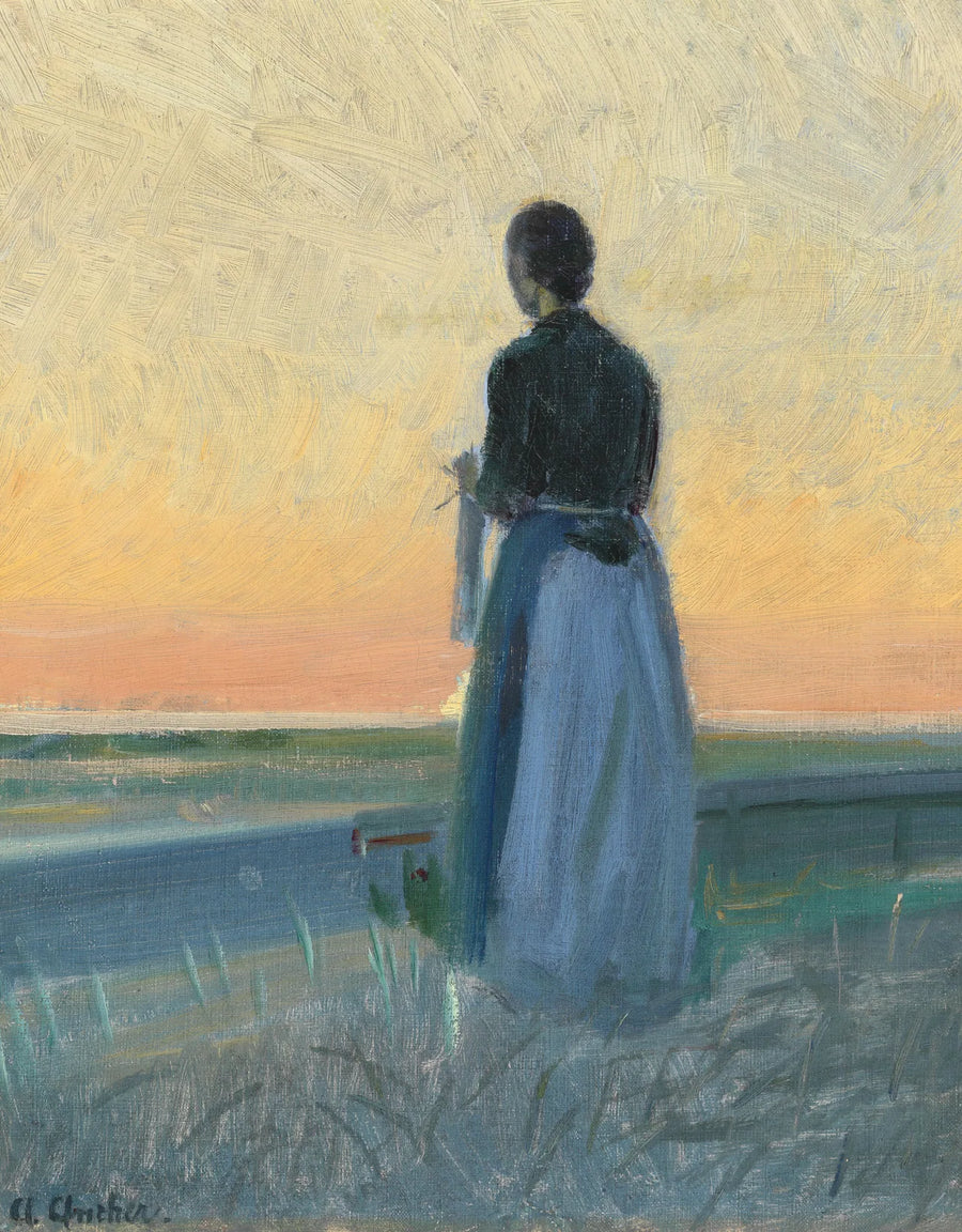 Uma jovem mulher tricotando, de pé ao pôr do sol. - Anna Ancher
