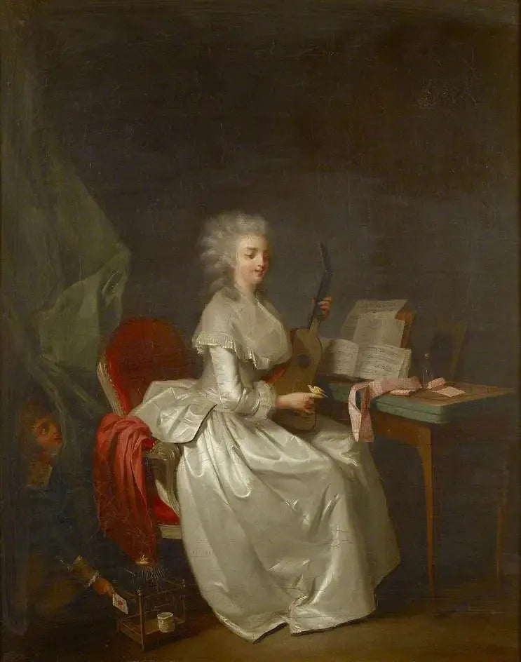 Uma jovem mulher tocando violão com um pássaro cantor na mão - Louis-Léopold Boilly