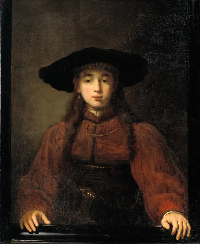 Uma jovem mulher apoiando as mãos na moldura da foto - Rembrandt