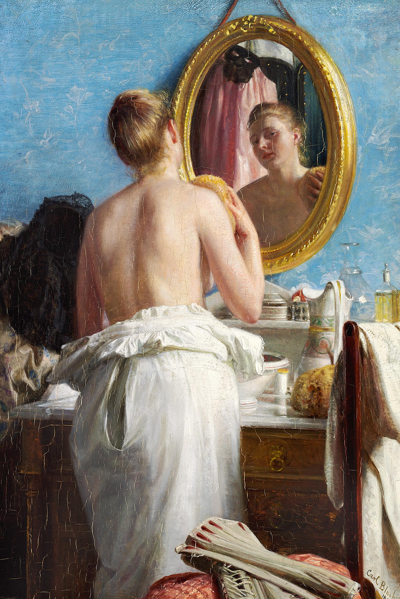 Uma jovem mulher se lava antes de um carnaval. - Carl Heinrich Bloch