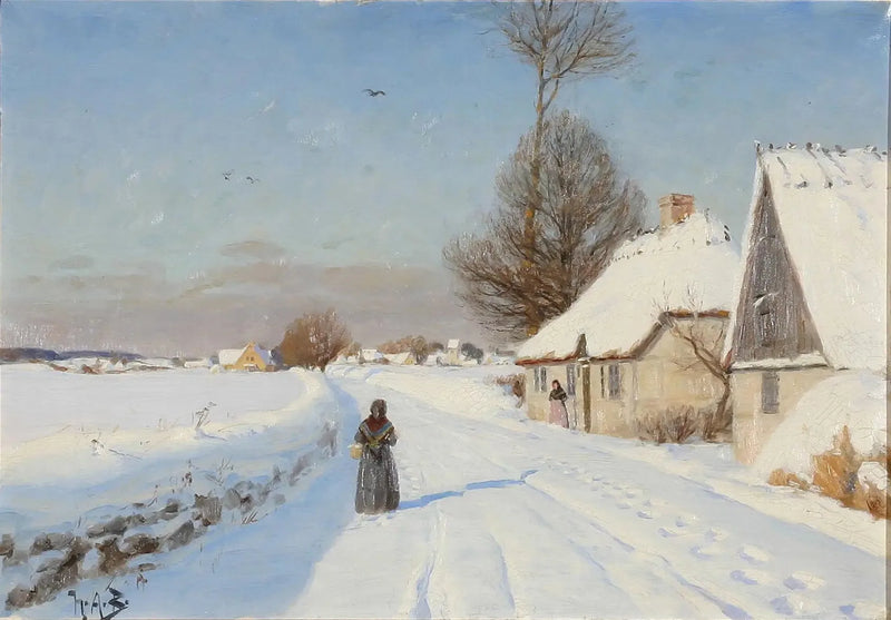 Um dia de inverno em uma aldeia, mostrando pessoas perto de casas com telhado de palha. - H. A. Brendekilde