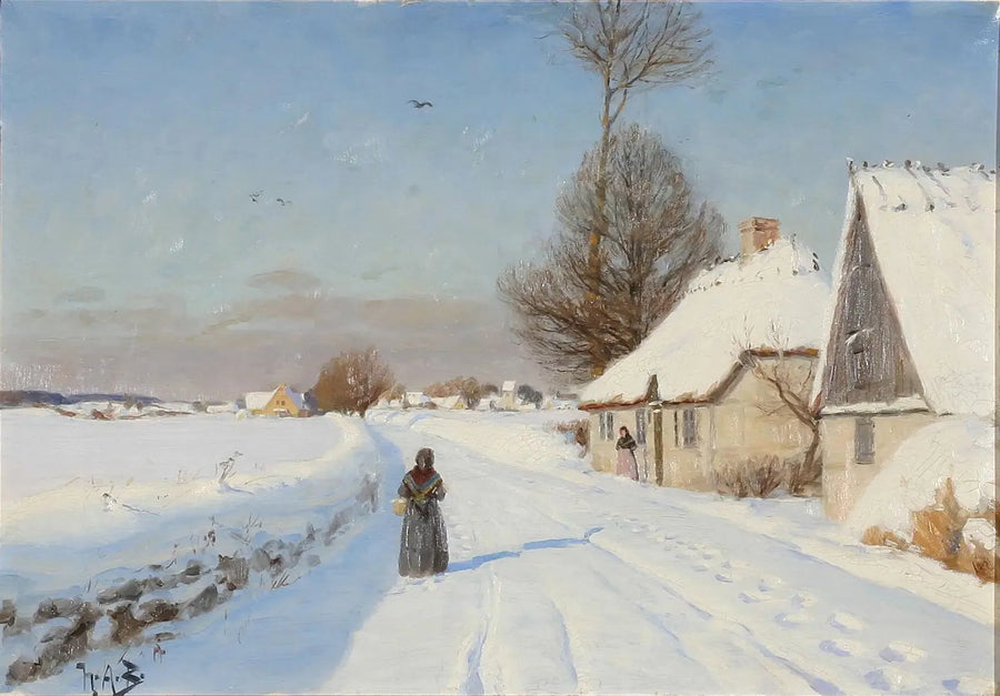 Um dia de inverno em uma aldeia, mostrando pessoas perto de casas com telhado de palha. - H. A. Brendekilde