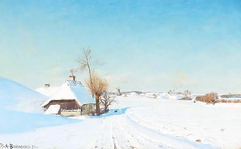 Um dia de inverno ensolarado com casas, um moinho e personagens. - H. A. Brendekilde