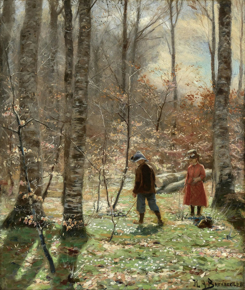 Um dia de primavera na floresta com um menino e uma menina colhendo anêmonas. - H. A. Brendekilde