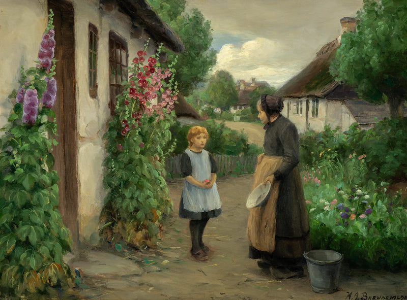 Um dia de verão na vila com uma menina e uma mulher idosa. - H. A. Brendekilde