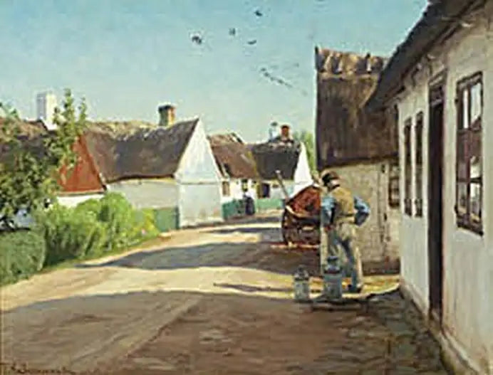 Um dia de verão em uma aldeia com um homem de pé perto de alguns baldes de leite. - H. A. Brendekilde