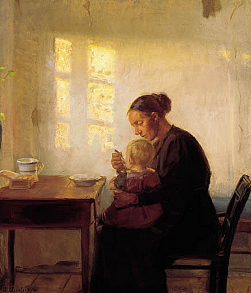 Uma mãe com seu filho em um cômodo banhado de sol. - Anna Ancher