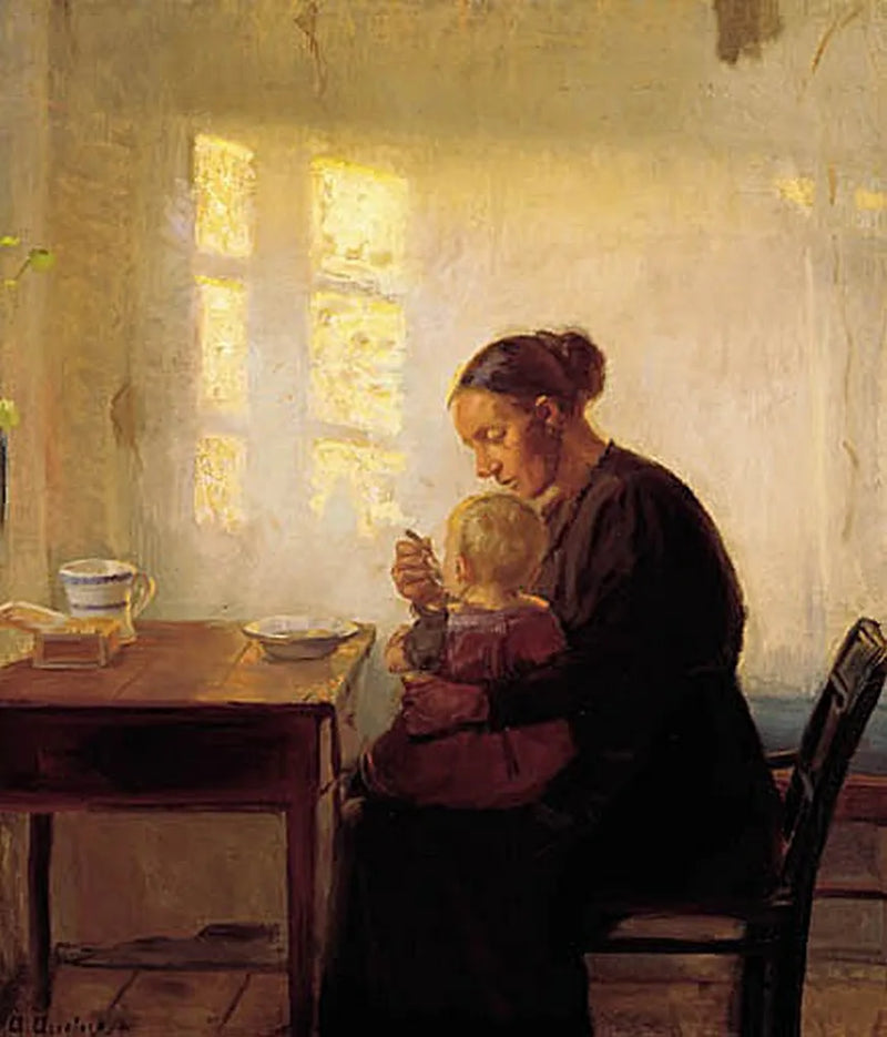 Uma mãe com seu filho em um cômodo banhado de sol. - Anna Ancher