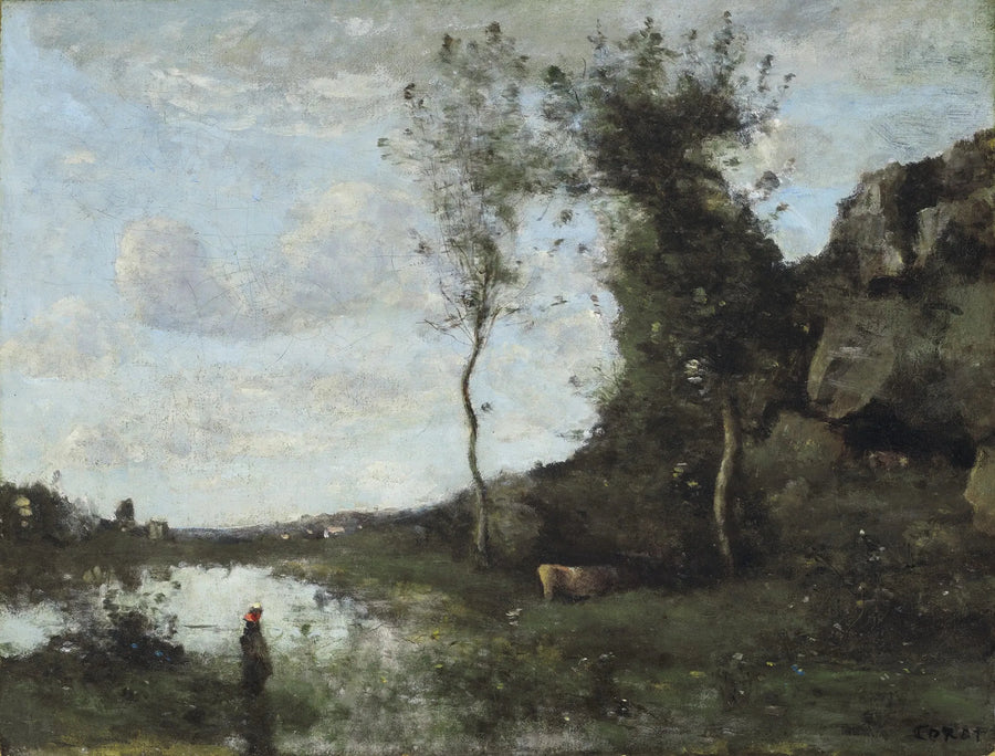 Uma camponesa e sua vaca na lagoa com vista de uma aldeia - Jean-Baptiste Camille Corot